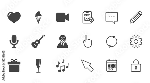 Party celebration, birthday icons. Carnival, guitar and champagne glass signs. Gift box, ice cream and love symbols. Chat, Report and Calendar line signs. Service, Pencil and Locker icons. Vector