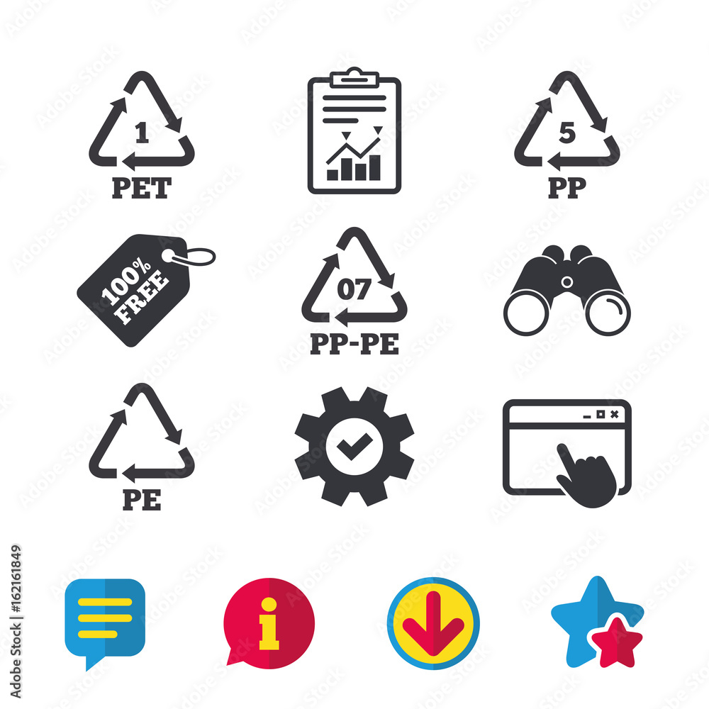 PET 1, PPpe 07, PP 5 and PE icons. Highdensity Polyethylene