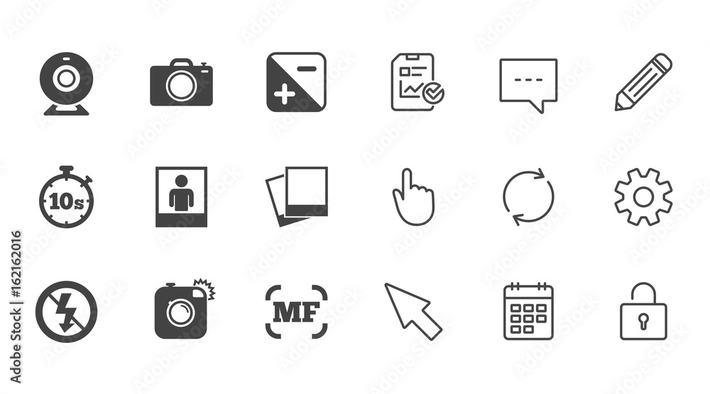 Photo, video icons. Web camera, photos and frame signs. No flash, timer and portrait symbols. Chat, Report and Calendar line signs. Service, Pencil and Locker icons. Click, Rotation and Cursor. Vector Photo, video icons. Web camera, photos and frame signs. No flash, timer and portrait symbols. Chat, Report and Calendar line signs. Service, Pencil and Locker icons. Click, Rotation and Cursor. Vector