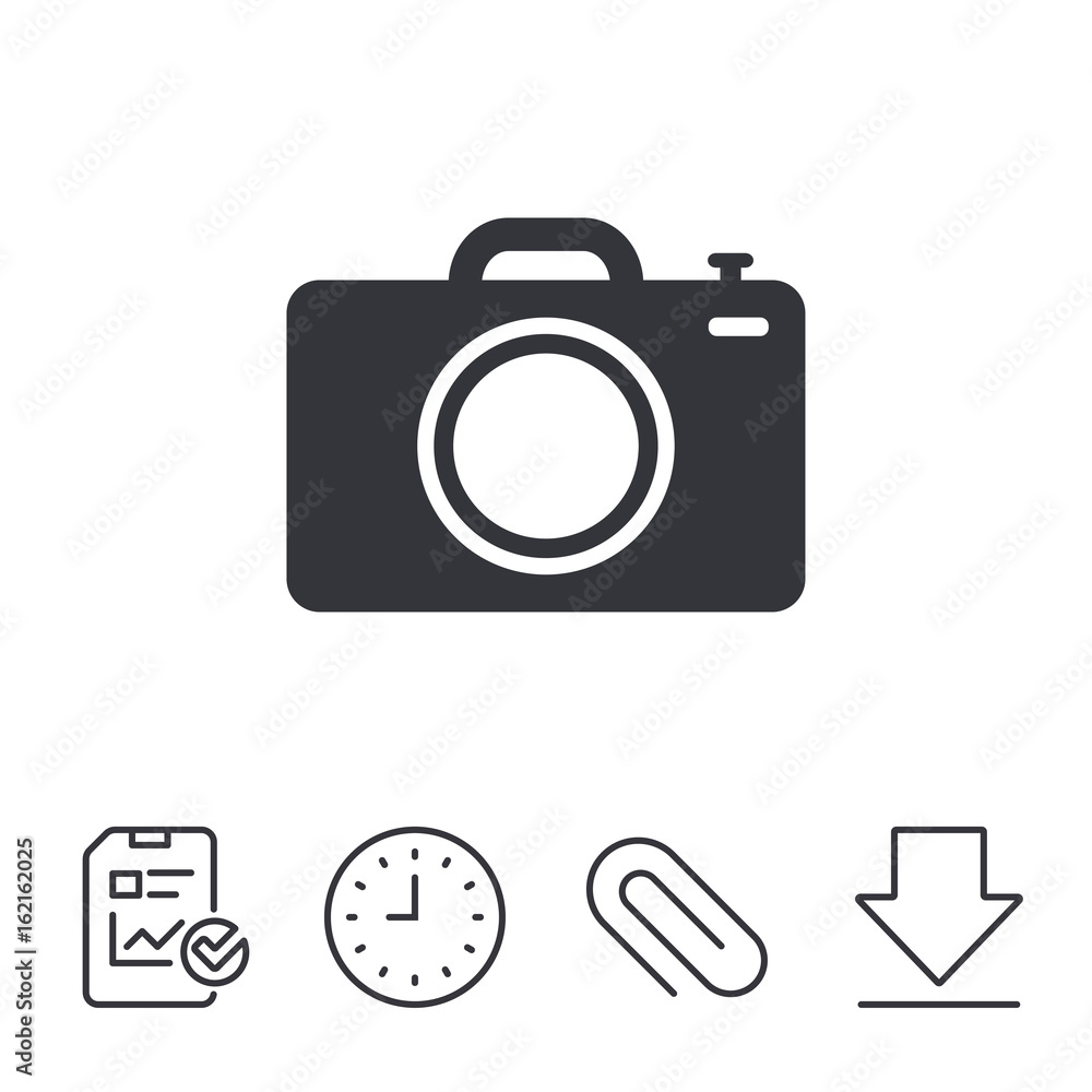 Photo camera sign icon. Digital photo camera symbol. Report, Time and Download line signs. Paper Clip linear icon. Vector Photo camera sign icon. Digital photo camera symbol. Report, Time and Download line signs. Paper Clip linear icon. Vector
