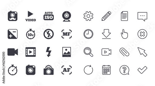 Set of Photo and Video icons. Camera, timer and frame signs. No flash and Auto focus symbols. Calendar, Document and Download line signs. Pencil, Service and Search icons. Video camera, Clock and Chat