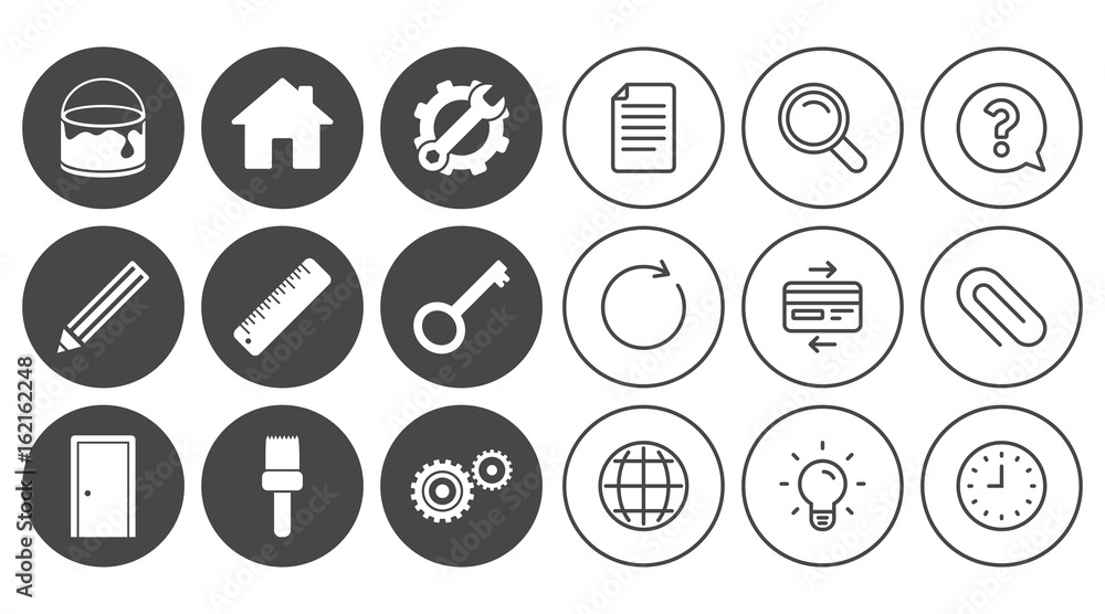 Repair, construction icons. Service, key and door signs. Painting, brush and pencil symbols. Document, Globe and Clock line signs. Lamp, Magnifier and Paper clip icons. Vector Repair, construction icons. Service, key and door signs. Painting, brush and pencil symbols. Document, Globe and Clock line signs. Lamp, Magnifier and Paper clip icons. Vector