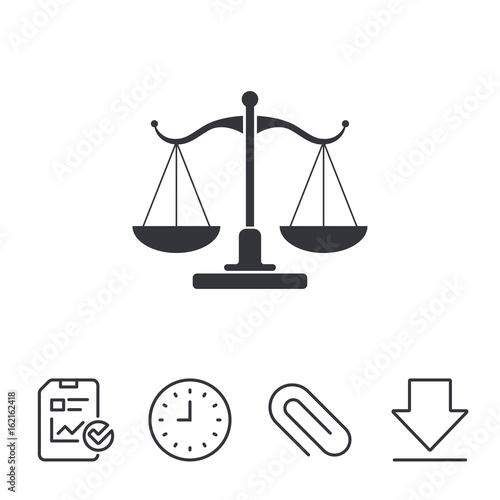 Scales of Justice sign icon. Court of law symbol. Report, Time and Download line signs. Paper Clip linear icon. Vector