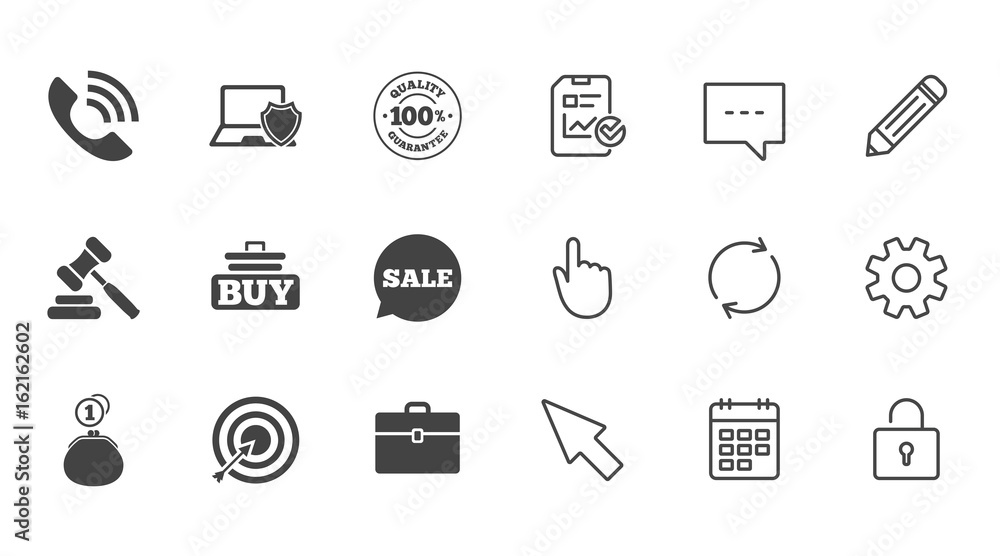 Online shopping, e-commerce and business icons. Auction, phone call and sale signs. Cash money, case and target symbols. Chat, Report and Calendar line signs. Service, Pencil and Locker icons. Vector