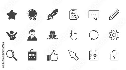 Online shopping, e-commerce and business icons. Start up, award and customers like signs. Big sale, shipment and favorite symbols. Chat, Report and Calendar line signs. Vector