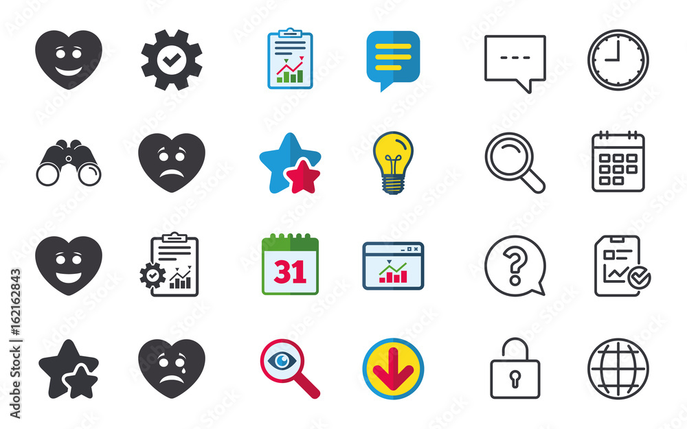 Heart smile face icons. Happy, sad, cry signs. Happy smiley chat symbol. Sadness depression and crying signs. Chat, Report and Calendar signs. Stars, Statistics and Download icons. Vector Heart smile face icons. Happy, sad, cry signs. Happy smiley chat symbol. Sadness depression and crying signs. Chat, Report and Calendar signs. Stars, Statistics and Download icons. Vector