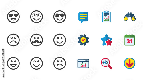 Smile icons. Happy, sad and wink faces signs. Sunglasses, mustache and laughing lol smiley symbols. Calendar, Report and Download signs. Stars, Service and Search icons. Vector
