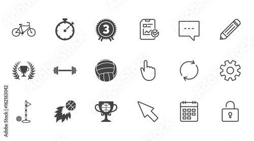Fototapeta Naklejka Na Ścianę i Meble -  Sport games, fitness icons. Golf, basketball and volleyball signs. Timer, bike and winner cup symbols. Chat, Report and Calendar line signs. Service, Pencil and Locker icons. Vector
