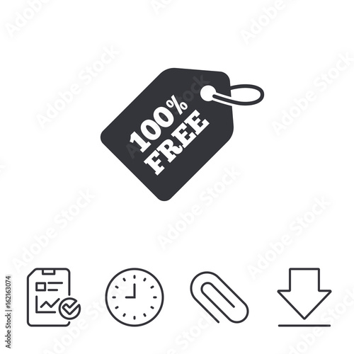 Free tag icon. Freebies banner symbol. Shopping special offer sign. Report, Time and Download line signs. Paper Clip linear icon. Vector