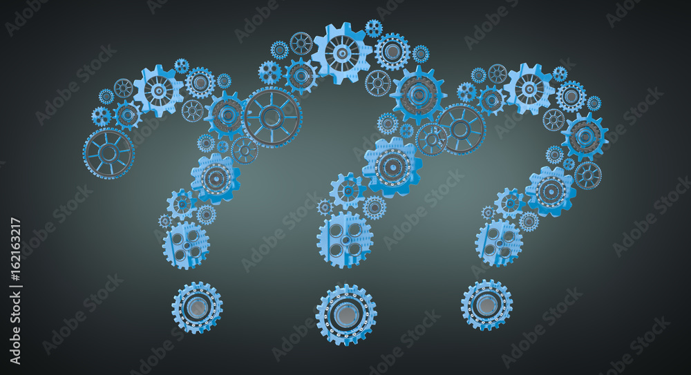 3D rendering gear icons question mark flying 3D rendering gear icons question mark flying
