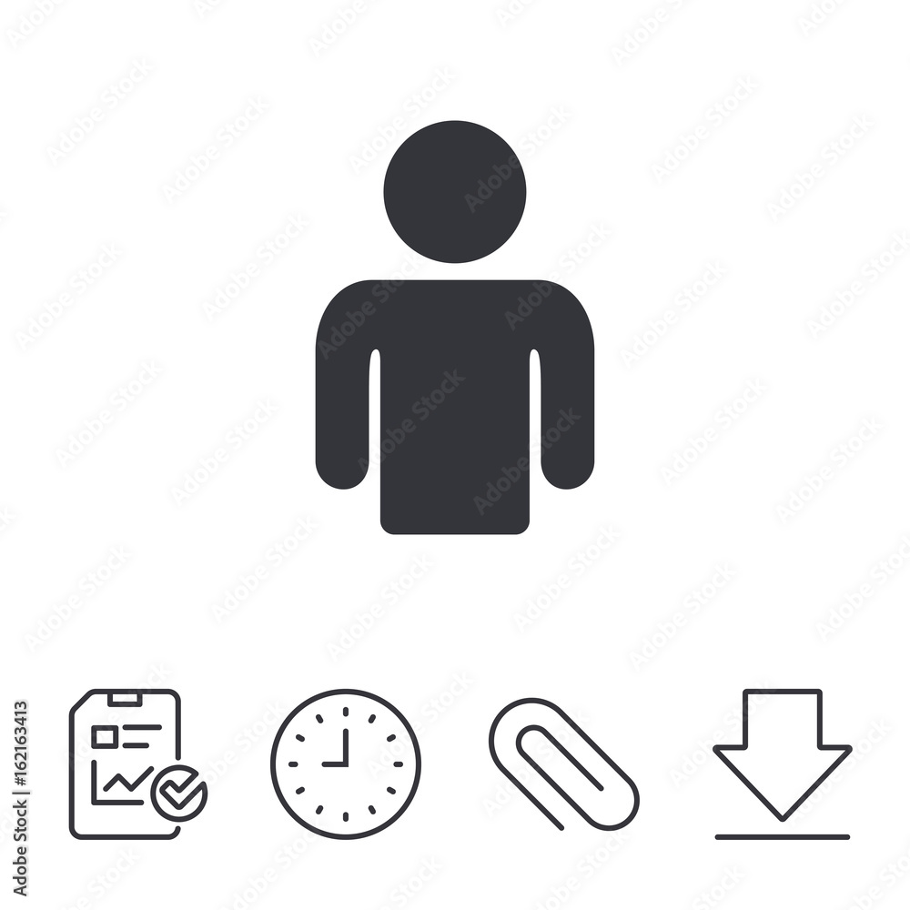 User sign icon. Person symbol. Human avatar. Report, Time and Download line signs. Paper Clip linear icon. Vector User sign icon. Person symbol. Human avatar. Report, Time and Download line signs. Paper Clip linear icon. Vector