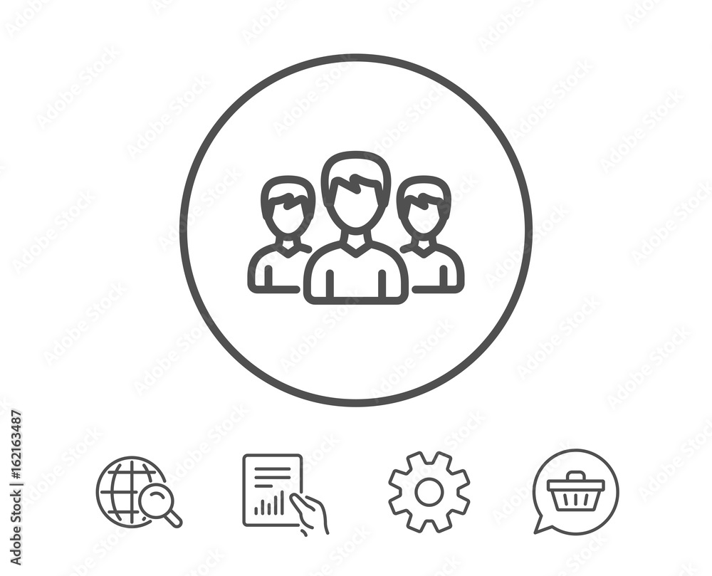 Group line icon. Users or Teamwork sign. Male Person silhouette symbol. Hold Report, Service and Global search line signs. Shopping cart icon. Editable stroke. Vector Group line icon. Users or Teamwork sign. Male Person silhouette symbol. Hold Report, Service and Global search line signs. Shopping cart icon. Editable stroke. Vector