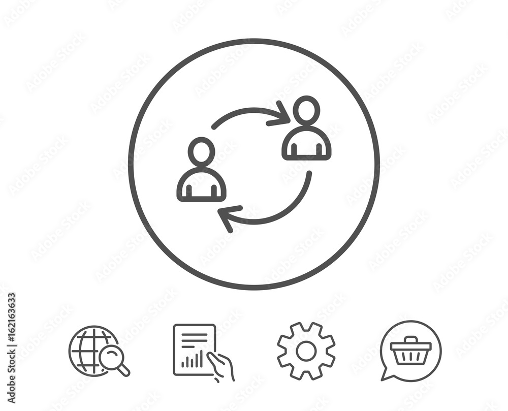 Teamwork line icon. User communication or Human resources. Profile Avatar sign. Person silhouette symbol. Hold Report, Service and Global search line signs. Shopping cart icon. Editable stroke. Vector Teamwork line icon. User communication or Human resources. Profile Avatar sign. Person silhouette symbol. Hold Report, Service and Global search line signs. Shopping cart icon. Editable stroke. Vector
