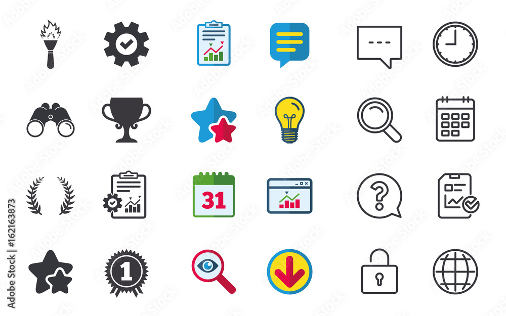 First place award cup icons. Laurel wreath sign. Torch fire flame symbol. Prize for winner. Chat, Report and Calendar signs. Stars, Statistics and Download icons. Question, Clock and Globe. Vector
