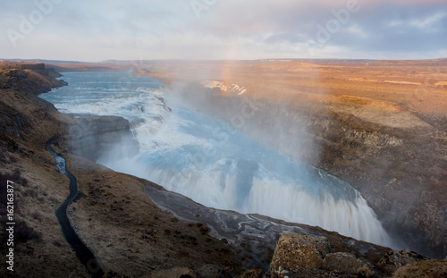 Gullfoss waterfall in Iceland Sunset with Rainbow