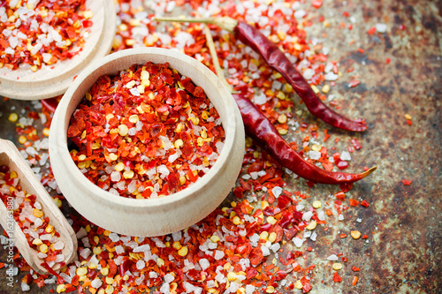 Chili salt - seasoning mix from dried red pepper and sea salt photo