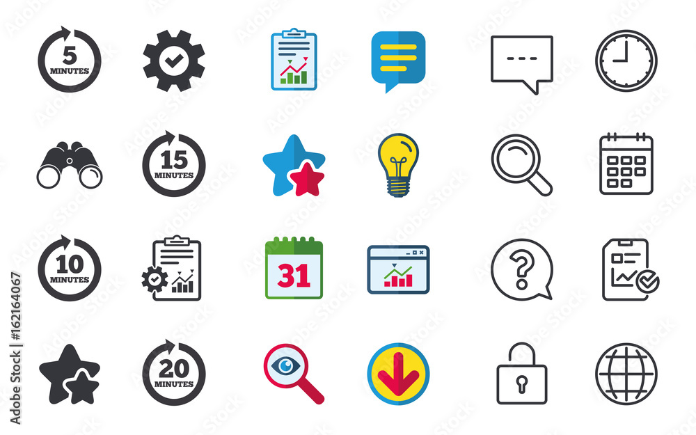 Every 5, 10, 15 and 20 minutes icons. Full rotation arrow symbols. Iterative process signs. Chat, Report and Calendar signs. Stars, Statistics and Download icons. Question, Clock and Globe. Vector Every 5, 10, 15 and 20 minutes icons. Full rotation arrow symbols. Iterative process signs. Chat, Report and Calendar signs. Stars, Statistics and Download icons. Question, Clock and Globe. Vector