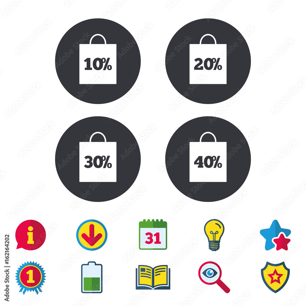 Sale bag tag icons. Discount special offer symbols. 10%, 20%, 30% and 40% percent discount signs. Calendar, Information and Download signs. Stars, Award and Book icons. Light bulb, Shield and Search