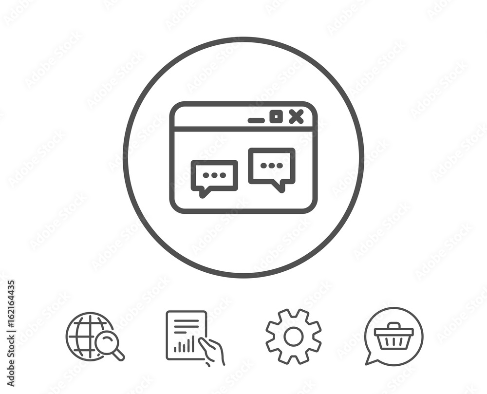 Browser Window line icon. Chat speech bubbles sign. Internet page symbol. Hold Report, Service and Global search line signs. Shopping cart icon. Editable stroke. Vector Browser Window line icon. Chat speech bubbles sign. Internet page symbol. Hold Report, Service and Global search line signs. Shopping cart icon. Editable stroke. Vector