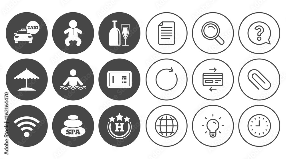 Hotel, apartment service icons. Spa, swimming pool signs. Alcohol drinks, wifi internet and safe symbols. Document, Globe and Clock line signs. Lamp, Magnifier and Paper clip icons. Vector Hotel, apartment service icons. Spa, swimming pool signs. Alcohol drinks, wifi internet and safe symbols. Document, Globe and Clock line signs. Lamp, Magnifier and Paper clip icons. Vector