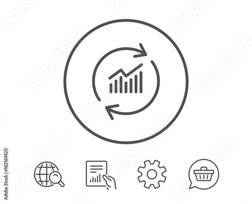 Chart line icon. Update Report graph or Sales growth sign. Analysis and Statistics data symbol. Hold Report, Service and Global search line signs. Shopping cart icon. Editable stroke. Vector