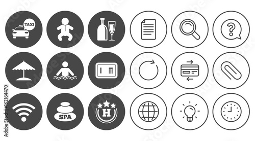 Hotel, apartment service icons. Spa, swimming pool signs. Alcohol drinks, wifi internet and safe symbols. Document, Globe and Clock line signs. Lamp, Magnifier and Paper clip icons. Vector