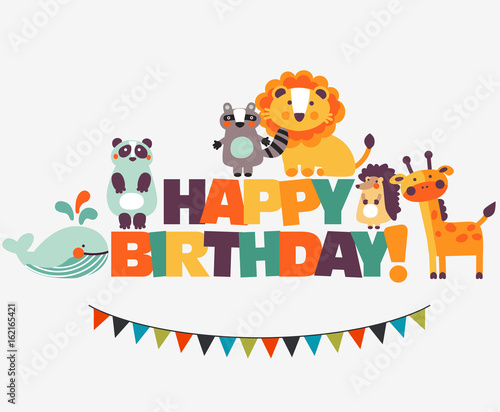 Happy birthday - lovely vector card with funny animals in bright colors © cristinn