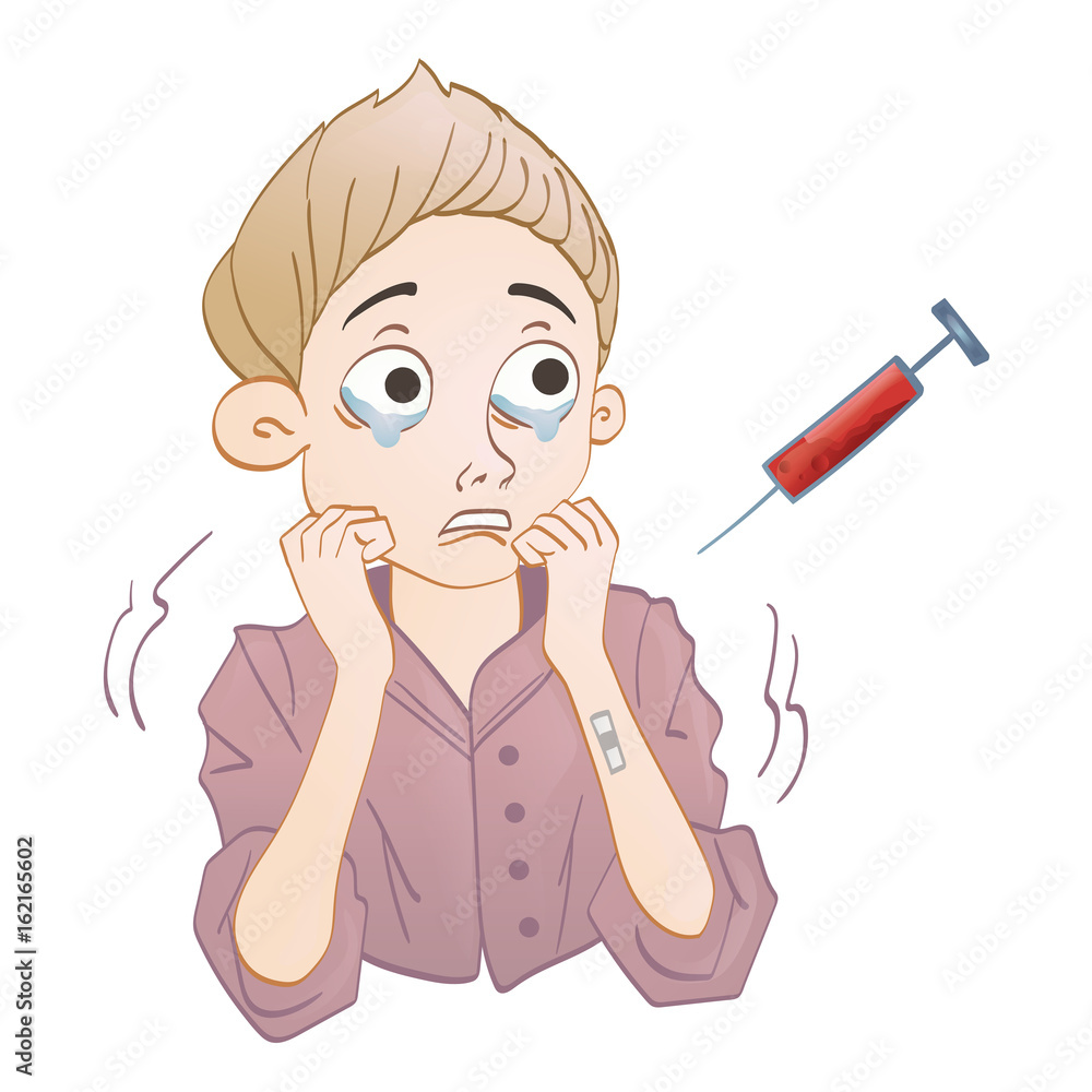 Hematophobia, abnormal and persistent fear of blood. Scared boy and syringe with blood. Vector illustration, isolated on white background. Hematophobia, abnormal and persistent fear of blood. Scared boy and syringe with blood. Vector illustration, isolated on white background.