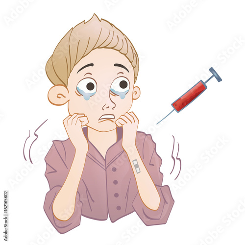 Hematophobia, abnormal and persistent fear of blood. Scared boy and syringe with blood. Vector illustration, isolated on white background.