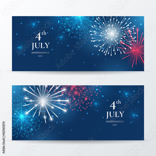 Vector set of banners for American Independence day celebration with tricolor fireworks. Festive background for greeting cards and flyers for July 4th. File contains clipping mask.