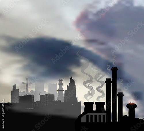 Dark landscape with modern panoramic city and chemical factory in the foreground. Gray, black and white sky with clouds of smog and skyscrapers