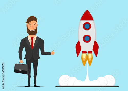Successful launch of startup. Businessman character design. Businessman with suitcase showing thumbs up. Vector illustration in flat style.