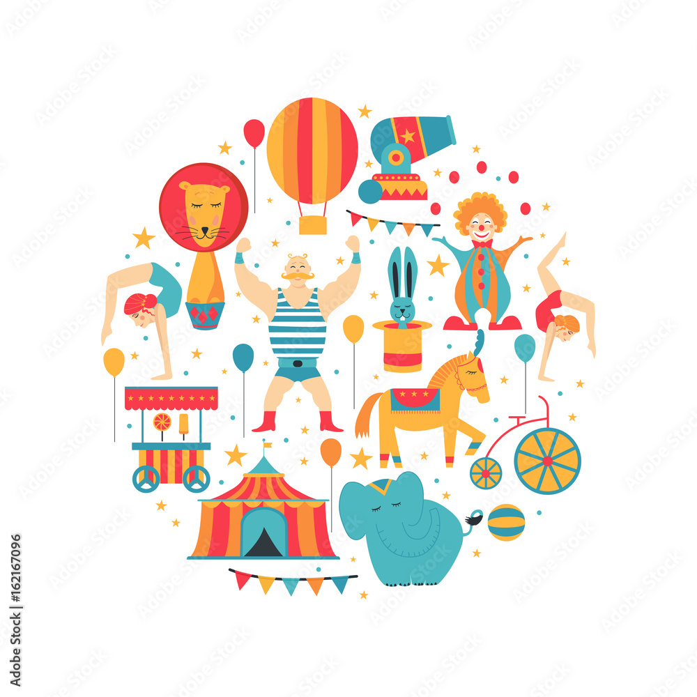 Circus collection with carnival, fun fair, vector icons and background and illustration Colored icons collection. Round concept Circus collection with carnival, fun fair, vector icons and background and illustration Colored icons collection. Round concept