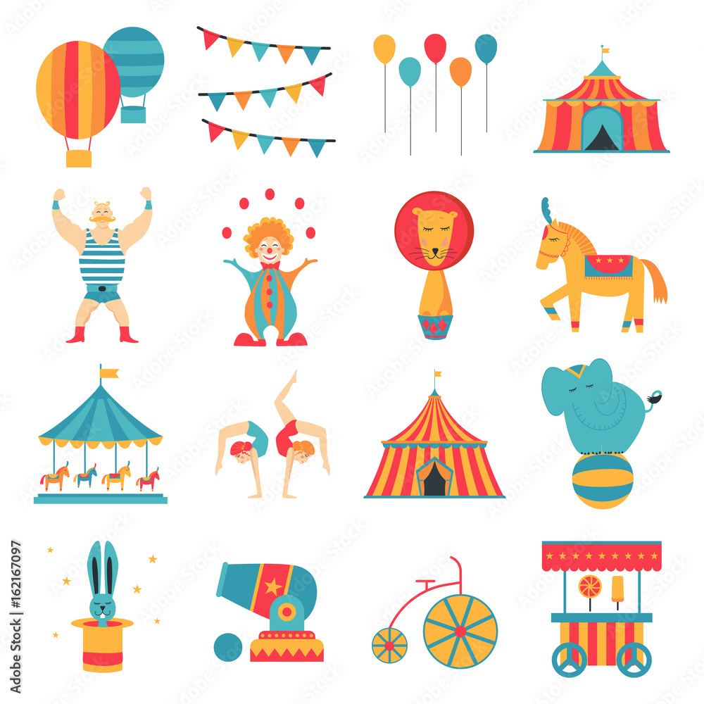 Circus collection with carnival, fun fair, vector icons and background ...