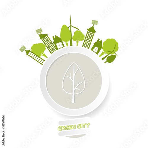 city with windmills and solar panels on the light bulb with a leaf - concept of clean energy
