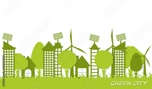 A city with a clean environment, windmills and solar panels
