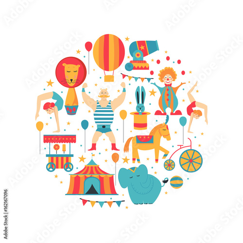 Circus collection with carnival, fun fair, vector icons and background and illustration Colored icons collection. Round concept