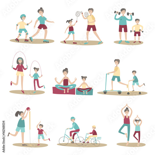 Parents and children together doing sport and active recreation outdoors. Vector illustration set, isolated on white background.