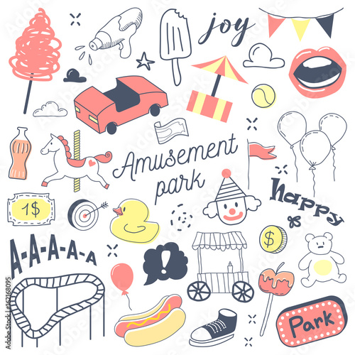 Amusement Park Freehand Hand Drawn Doodle with Clown, Attractions and Carousel. Vector illustration