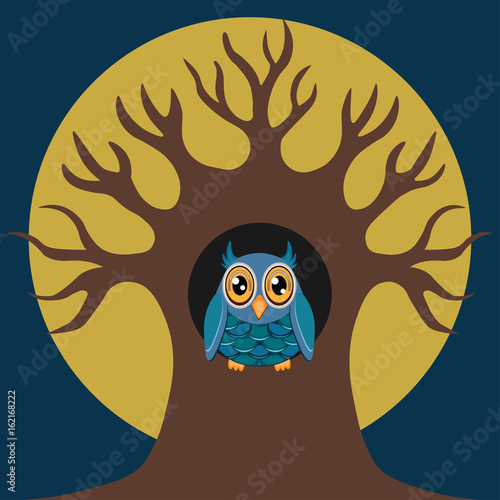 Owl in the tree hollow on a moon background