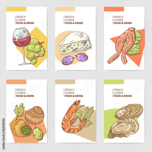 French Cuisine Hand Drawn Cards Brochure Menu with Cheese, Seafood and Wine. Food and Drink Products. Vector illustration