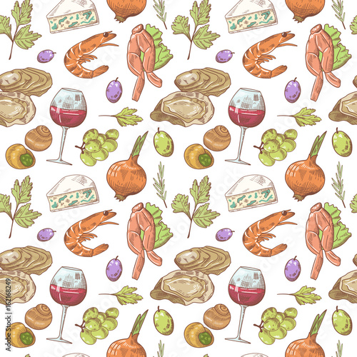 French Cuisine Hand Drawn Seamless Pattern with Wine, Seafood and Cheese. Food and Drink. Vector Background