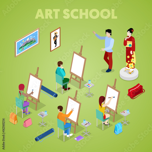 Isometric Art Concept. Class with Students Painter. People Learning to Draw. Vector flat 3d illustration