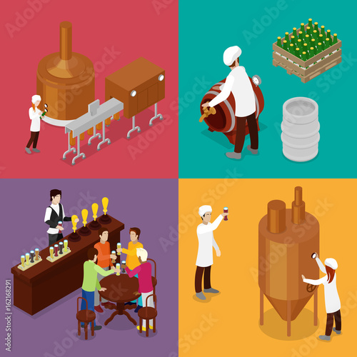 Isometric Beer Production. Brewery Indoors with Workers, Drinking Elements and Pub. Vector flat 3d illustration