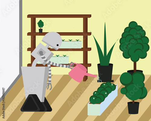 Domestic robot watering plants at home garden. Robot housekeeper with watering can in arm. Personal robot housekeeping futuristic concept illustration vector.
