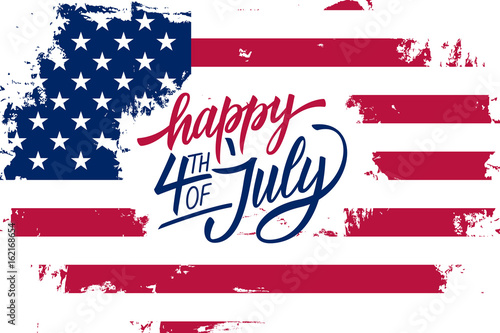 Happy 4th of July Independence Day greeting card with american flag brush stroke background and hand lettering text design. Vector illustration.