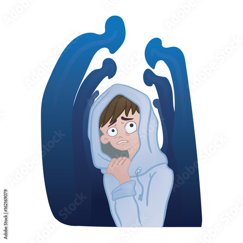 Social anxiety disorder, social phobia concept. Depressed young man in the crowd of silhouettes. Vector illustration, isolated on white background.