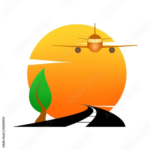 Summer landscape icon with orange sunset, with green deciduous tree on hill on and airport airliner and black road. Holiday greeting for a romantic trip. A sign for transportation around the world