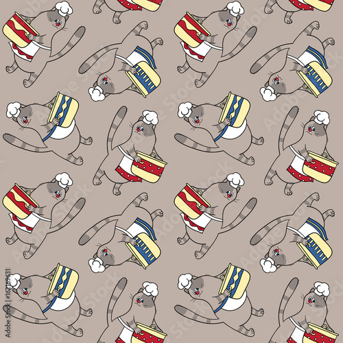 Seamless pattern with cats and dishes