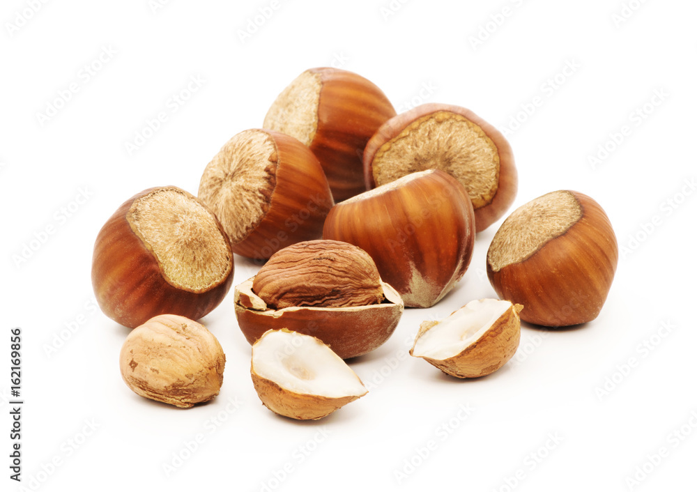 Hazelnuts isolated on white background